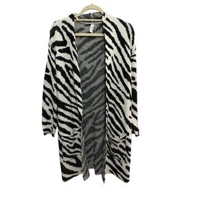 L Love - Long Length, Open Front, Black / White Zebra Stripe Cardigan - Size S
